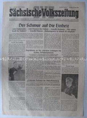 Tageszeitung der KPD "Sächsische Volkszeitung" u.a. zur Vorbereitung der Vereinigung von KPD und SPD