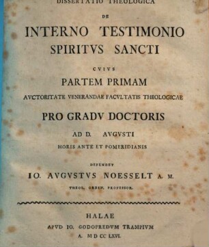Diss. theol. de interno testimonio Spiritus Sancti, Pars I.
