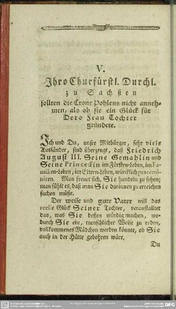 V. Ihro Churfürstl. Durchl. zu Sachßen sollten die Crone Pohlens nicht annehmen, als ob sie ein Glück für Dero Frau Tochter gründete
