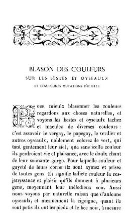 Blason Des Couleurs Sur Les Bestes Et Oyseaulx Et D'Aulcunes Mutations D'Icelles