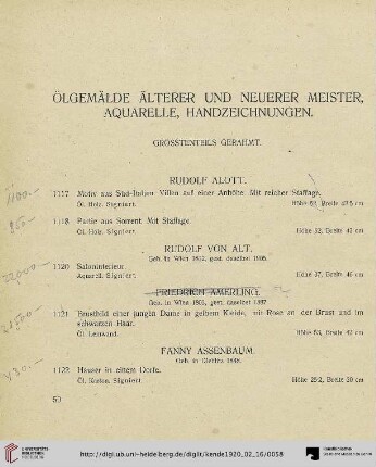 Ölgemälde Älterer und Neuerer Meister, Aquarelle, Handzeichnungen (Nr. 1117-1260)