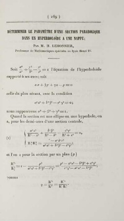Déterminer le paramètre d'une section parabolique dans un hyperboloide a une nappe.