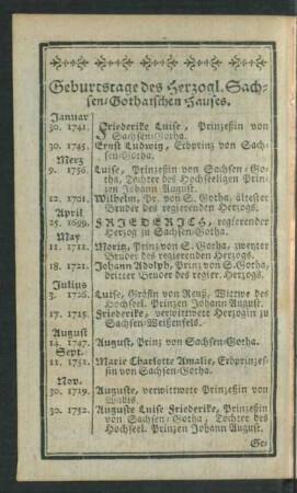 Geburtstage des Herzogl. Sachsen-Gothaischen Hauses.