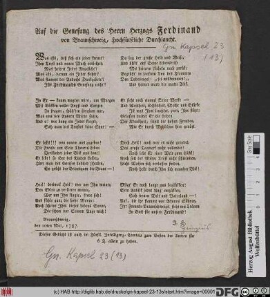 Auf die Genesung des Herrn Herzogs Ferdinand von Braunschweig, Hochfürstliche Durchlaucht