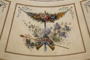 Spätklassizistische Deckenmalerei — Embleme der Liebe — Taubenpaar, Schalmeien und Blumen