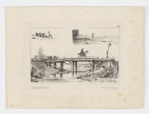 Skizzenblatt mit Bauer am Pflug, Teich, Reiter beim Überqueren einer Brücke, Blatt 52 der Folge "Croquis par divers artistes"