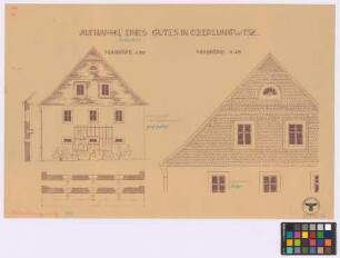 Oberlungwitz ([Amtshauptmannschaft] Glauchau): Gut [Bauerngehöft (Pferdefrohngut F. Schubert)]. - Stallgebäude (zwei Giebel-Ansichten). - Längswand (Höhenschnitt). - Giebel (zwei Grundrisse)