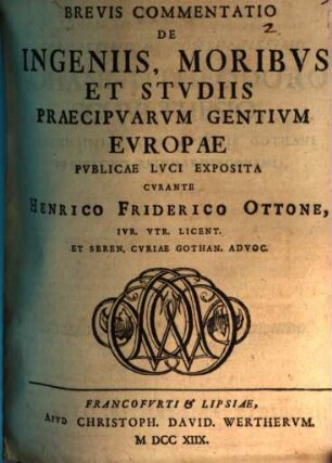 Brevis Commentatio De Ingeniis, Moribvs Et Stvdiis Praecipvarvm Gentivm Evropae