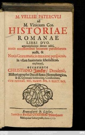 M. Velleii Patercvli ad M. Vinicum Cos. Historiae Romanae Libri Dvo