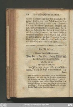 Die III Lection. Von der ersten Unterredung Pilati mit den Anklägern des Herrn Jesu.