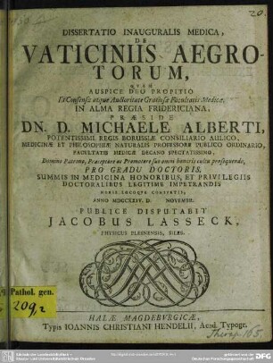Dissertatio Inauguralis Medica, De Vaticiniis Aegrotorum