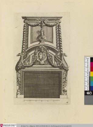 Diverses Inventions nouvelles pour des Cheminées, Bl. 14 [Kamin mit seitlichen großen Adlerköpfen, französisches Allianzwappen, darüber Büste einer Frau. (Wilke 2016)]