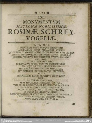 LXIII. Monumentum Matronae Nobilissimae, Rosinae Schreyvogeliae