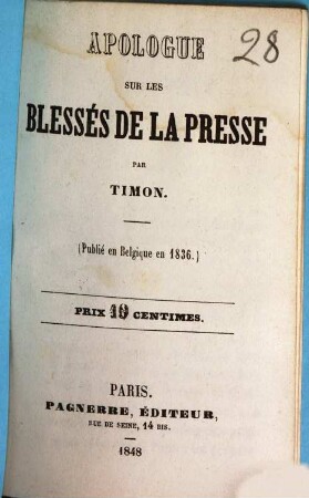 Apologue sur les blessés de la presse : (publié en Belgique en 1836)