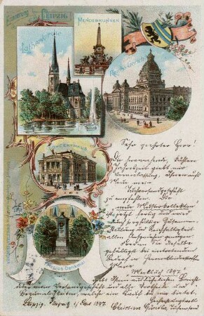 Erinnerung an Leipzig: Lutherkirche, Mendebrunnen, Reichs-Gericht, Concerthaus, Friccius-Denkmal