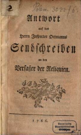 Antwort auf des Herrn Inspector Ortmanns Sendschreiben an den Verfasser der Reliquien