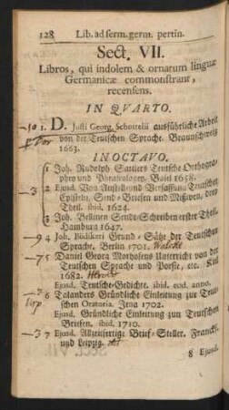 Sect. VII. Libros, qui indolem & ornatum linguae Germanicae commonstrant, recensens.