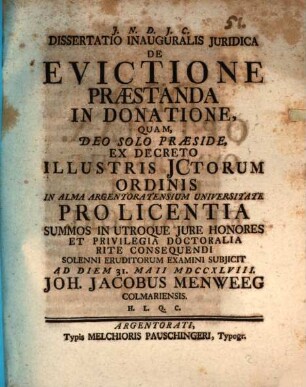 Diss. inaug. iur. de evictione praestanda in donatione