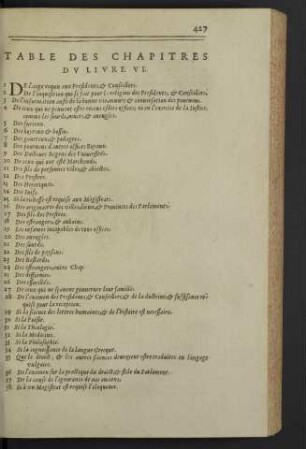Table des chapitres du livre VI.
