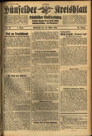 Erste Ausgabe vom Mittwoch, den 30. März 1938.