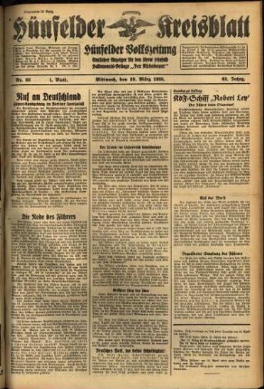Erste Ausgabe vom Mittwoch, den 30. März 1938.