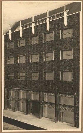 Geschäftshaus: Fassadenmodell Schrägansicht, Geschäftsräume für: Merzbach, Eduard Palm, E. Audorf