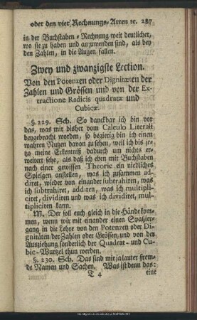 Zwey und zwanzigste Lection. Von den Potenzen oder Dignitaeten der Zahlen und Grössen und von der Extractionae Radicis quadratae und Cubicae