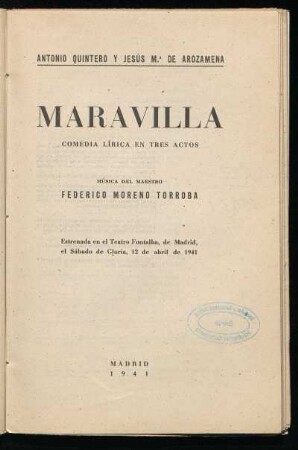 Maravilla : comedia lírica en tres actos