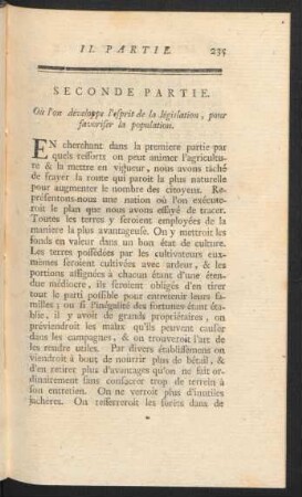 Seconde Partie. Où l´on développe l´esprit de la législation, pour favoriser la population.