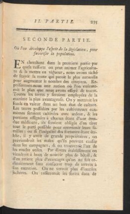 Seconde Partie. Où l´on développe l´esprit de la législation, pour favoriser la population.