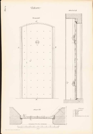 Zellentür: Ansicht, Schnitt A B, Schnitt C D 1:5 (aus: Musterzeichnungen f. d. Ausbau v. Gefängnissen in Preußen, bearb.im Ministerium d. öffentl. Arbeit, 1912)
