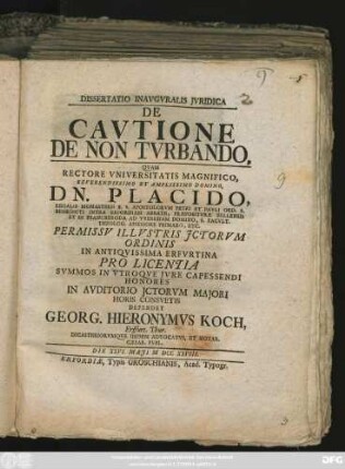 Dissertatio Inavgvralis Jvridica De Cavtione De Non Tvrbando