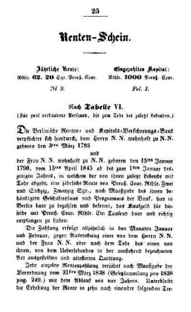Renten-Schein. Nach Tabelle VI. (Für zwei verbundene Personen, bis zum Tode der zuletzt Lebenden)