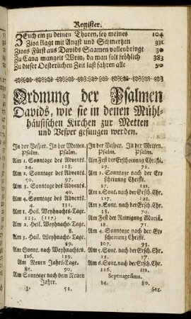 Ordnung der Psalmen Davids, wie sie in denen Mühlhäusischen Kirchen zur Metten und Vesper gesungen werden.