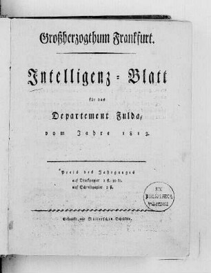 1813: Intelligenz-Blatt für das Departement Fulda
