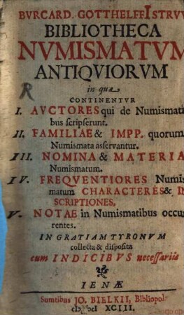 Bibliotheca numismatum antiquiorum