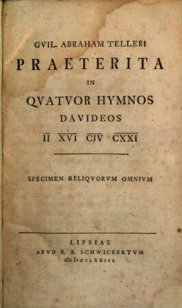 Gvil. Abraham Telleri Praeterita In Qvatvor Hymnos Davideos II, XVI, CIV, CXXI