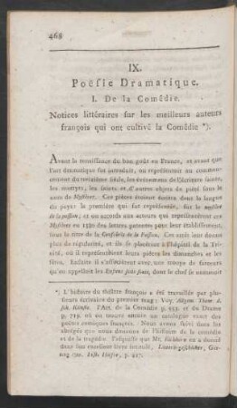 I. De la Comédie. Notices littéraires sur les meilleurs auteurs francois qui ont cultivé la Comédie