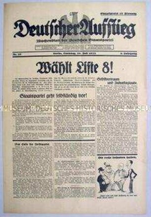 Wochenblatt der Deutschen Staatspartei "Deutscher Aufstieg" zur Reichstagswahl im Juli 1932
