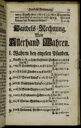 Handels-Rechnung. Von Allerhand Wahren.