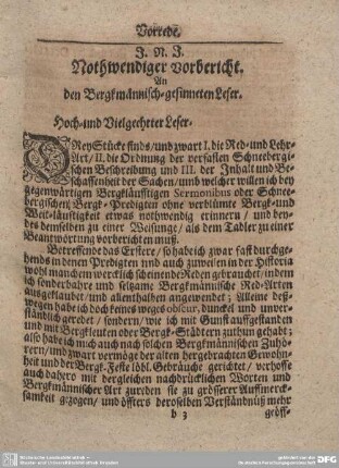 Nothwendiger Vorbericht. An den Bergkmännisch-gesinnten Leser.
