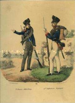 Uniformdarstellung, Pionier der 2. Pionier-Abteilung, Infanterist des 14. Infanterie-Regiments, Preußen 1830. Aus: Elzholz u.a.: Das Preussische Heer. Tafel 29.