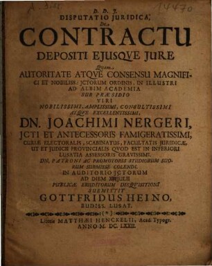 Disputatio Iuridica, De Contractu Depositi Eiusque Iure
