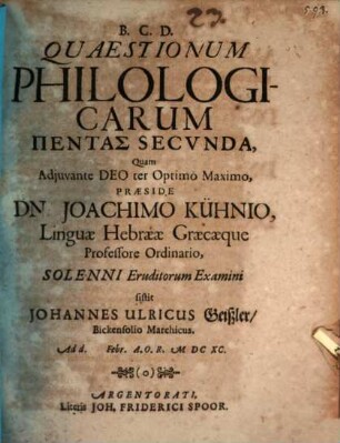 Quaestionum Philologicarum Pentas Secvnda