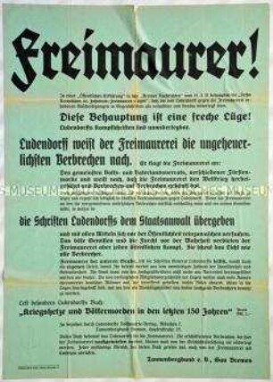 Werbeplakat des Tannenbergbundes e. V., Gau Bremen, für die gegen die Freimaurer gerichtete Schrift von Erich Ludendorff "Kriegshetze und Völkermorden in den letzten 150 Jahren"