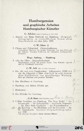 Hamburgensien und graphische Arbeiten Hamburgischer Künstler (Nr. 1-462)