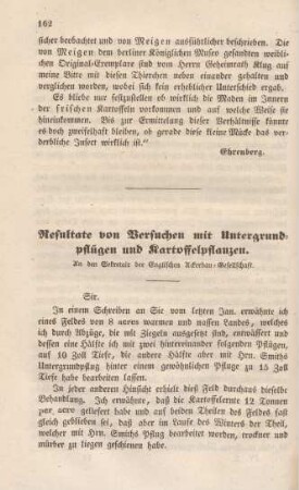 Resultate von Versuchen mit Untergrundpflügen und Kartoffelpflanzen.
