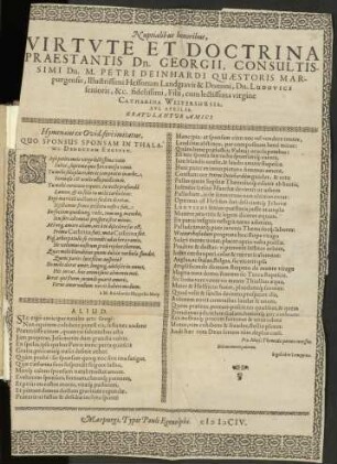 Nuptialibus honoribus, Virtvte Et Doctrina Praestantis D. Georgii, ... Dn. M. Petri Deinhardi Quæstoris Marpurgensis, ...