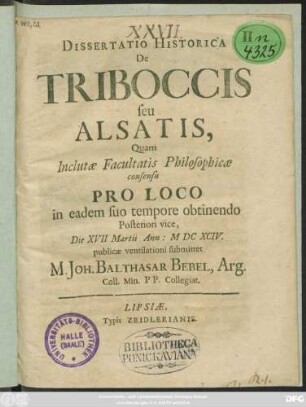 Dissertatio Historica De Triboccis seu Alsatis