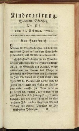 Kinderzeitung. Siebendes Bändchen. Nro. VII. vom 18. Februar. 1782.